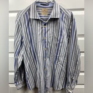 Tommy Bahama Jeans Shirt Blue White Stripe Long Sleeve Button Up Flip Cuff XL Ex